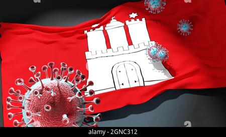 Covid in Hamburg - coronavirus attacking a city flag of Hamburg as a symbol of a fight and struggle with the virus pandemic in this city, 3d illustrat Stock Photo