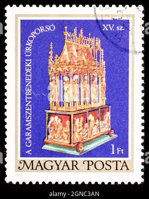 HUNGARY - CIRCA 1980: A stamp printed in the Hungary shows Easter Casket of Garamszentbenedek, 15th Century Restoration Stock Photo