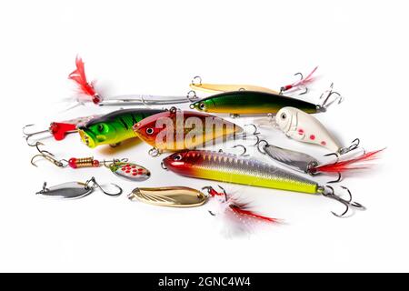 variety of fishing lures isolated on white background Stock Photo