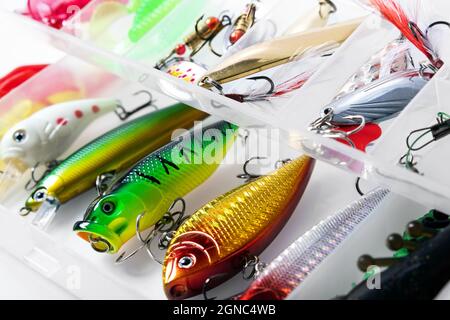 colorful fishing lures and baits in box Stock Photo - Alamy