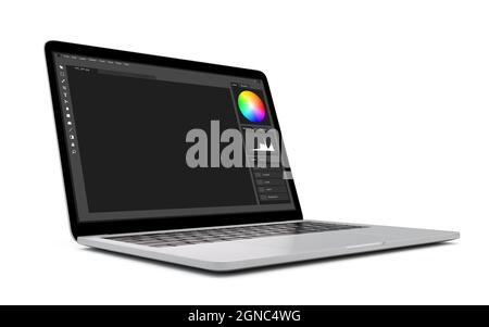 laptop computer with photo editing software template on screen. isolated on white background Stock Photo