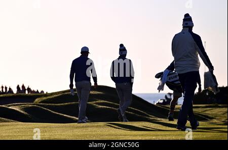 Team Europe’s Viktor Hovland and Paul Casey (left) during the Foursomes on day one of the 43rd Ryder Cup at Whistling Straits, Wisconsin. Picture date: Friday September 24, 2021. Stock Photo
