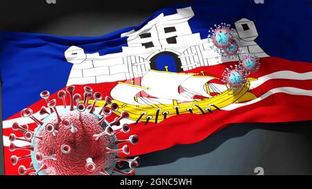 Covid in Belgrade Serbia - coronavirus attacking a city flag of Belgrade Serbia as a symbol of a fight and struggle with the virus pandemic in this ci Stock Photo