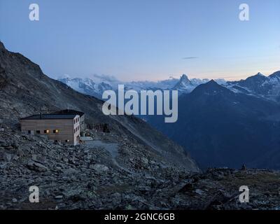 beautiful view of the matterhorn from the sac domhuete, hut after the sunset in beautiful valais. Night photo in Swiss Stock Photo