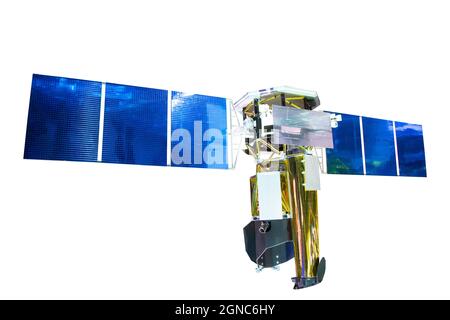 Space orbiting satellite with gold plating and blue shiny solar panels, isolated on white background Stock Photo