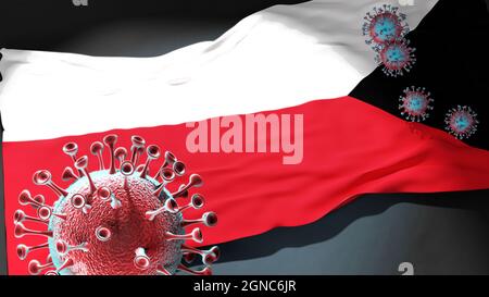 Covid in Bratislava - coronavirus attacking a city flag of Bratislava as a symbol of a fight and struggle with the virus pandemic in this city, 3d ill Stock Photo