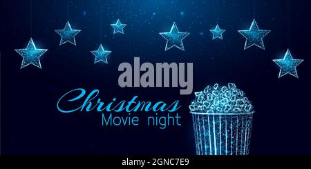 Christmas Movie night banner. Wireframe stars and light billboard, low poly style. Abstract modern 3d vector illustration on blue background. Stock Vector