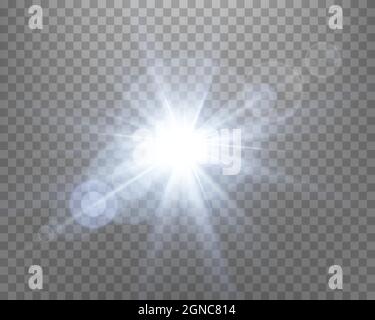 Blue sunlight lens flare, sun flash with rays and spotlight. Glowing burst explosion on a transparent background.   Vector illustration. Stock Vector