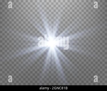 Blue sunlight lens flare, sun flash with rays and spotlight. Glowing burst explosion on a transparent background.   Vector illustration. Stock Vector