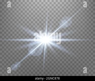 Blue sunlight lens flare, sun flash with rays and spotlight. Glowing burst explosion on a transparent background.   Vector illustration. Stock Vector