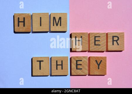 Him, Her, They, gender pronouns in wood alphabet letters Stock Photo