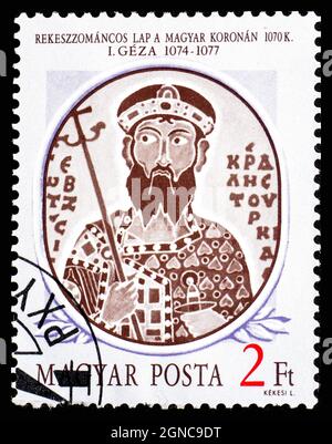 HUNGARY - CIRCA 1986: A stamp printed in Hungary from the Hungarian Kings 1st issue shows Geza I enamel portrait on Hungarian crown, 1070 Stock Photo