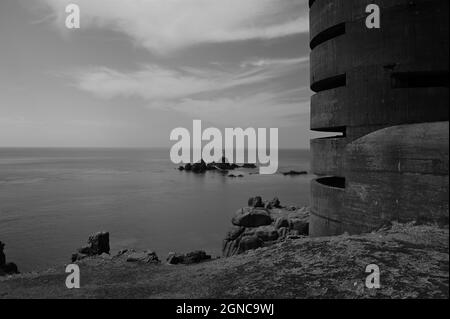 An external view of a German Naval World War Two communications tower at Corbiere on the scenic coast of Jersey in the Channel Islands. Stock Photo