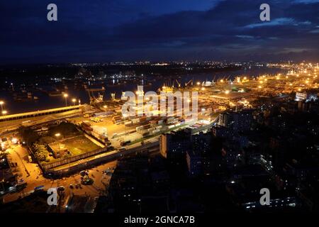 Chattogram, Bangladesh 07 september 2021: Night view of Chittagong Port and Kurnofuly river in Chattogram . Chittagong Port and Kurnofuly river play a Stock Photo