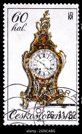 CZECHOSLOVAKIA - CIRCA 1979: A Stamp printed in Czechoslovakia shows mantel clock Stock Photo