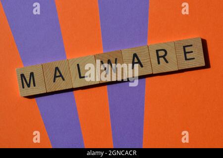 Malware, word in wooden alphabet letters isolated on background as banner headline with copy space Stock Photo