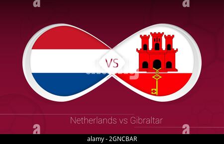 Netherlands vs Gibraltar in Football Competition, Group G. Versus icon on Football background. Vector illustration. Stock Vector