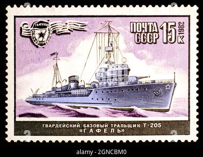 USSR - CIRCA 1982: Stamp printed in USSR shows Guards base minesweeper ship Stock Photo