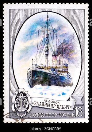 USSR - CIRCA 1976: A stamp printed in the USSR shows Icebreaker Vladimir Illich, one stamp from seies Stock Photo