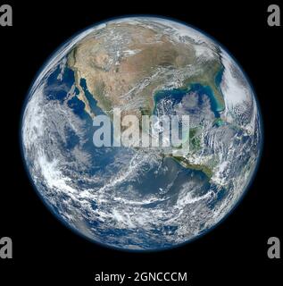 This detailed Blue Marble Earth montage shown above -- created from images taken by the Visible/Infrared Imager Radiometer Suite (VIIRS) instrument on board the Suomi NPP satellite. Many features of North America and the Western Hemisphere are particularly visible.  An optimised and digitally enhanced version of a NASA image / credit NASA. Stock Photo