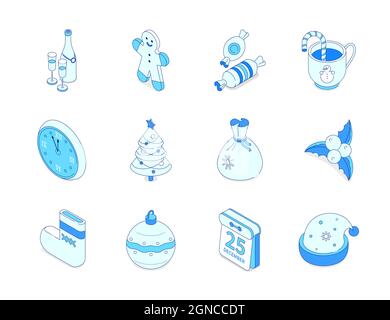 Merry Christmas and Happy New Year - modern isometric icons set. Holiday celebration symbols. Gingerbread man, sugar cane, clock, decorated tree, mist Stock Vector