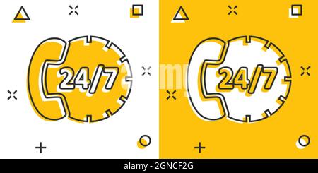 Phone service 24/7 icon in comic style. Telephone talk cartoon vector illustration on white isolated background. Hotline contact splash effect busines Stock Vector