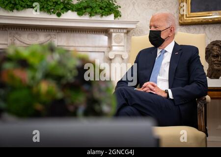 Washington DC, USA. 24th Sep, 2021. President Joe Biden talks with India Prime Minister Narendra Modi during a bilateral meeting before the Quad Leaders Summit in the Oval Office at the White House in Washington, DC on Friday, September 24, 2021. Photo by Sarahbeth Maney/UPI Credit: UPI/Alamy Live News Stock Photo