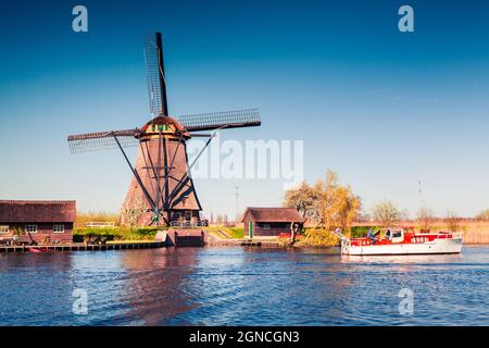 Famous windmills in Kinderdijk museum in Holland. Sunny spring morning in countryside. Colorful outdoor scene in Netherlands, Europe. UNESCO World Her Stock Photo