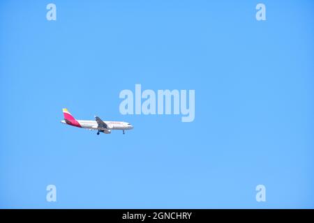 Madrid, Spain, September 12, 2021, Iberia aircraft approaching the airport Stock Photo