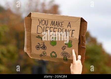 Heidelberg, Germany - 24th September 2021: Sign saying 'You make a difference' Global Climate Strike demonstration Stock Photo