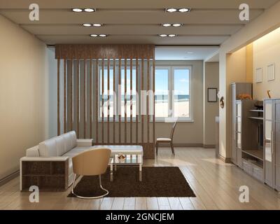 Modern Living Room with Sea View, with Beige Walls, Brown Carpet, Glass Table, Leather Armchair, Сhair and Wooden Lattice in Front of the Window Stock Photo