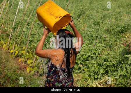 Shan State, Myanmar - Jan 05, 2020: Portrait of a Burmese woman, taking a bath with water, among the fields near Inle Lake Stock Photo