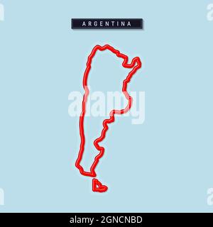 Argentina bold outline map. Glossy red border with soft shadow. Country name plate. Vector illustration. Stock Vector