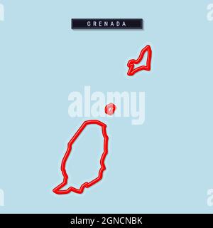 Grenada bold outline map. Glossy red border with soft shadow. Country name plate. Vector illustration. Stock Vector