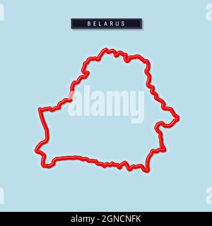 Belarus bold outline map. Glossy red border with soft shadow. Country name plate. Vector illustration. Stock Vector
