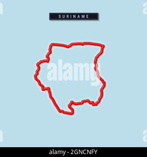 Suriname bold outline map. Glossy red border with soft shadow. Country name plate. Vector illustration. Stock Vector