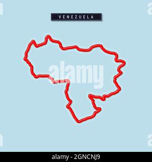 Venezuela bold outline map. Glossy red border with soft shadow. Country name plate. Vector illustration. Stock Vector