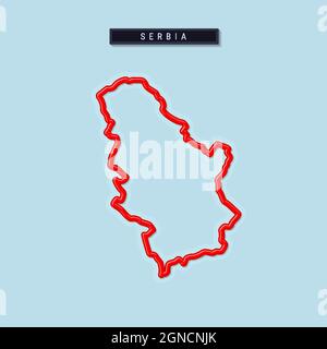 Serbia bold outline map. Glossy red border with soft shadow. Country name plate. Vector illustration. Stock Vector