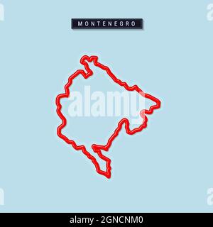 Montenegro bold outline map. Glossy red border with soft shadow. Country name plate. Vector illustration. Stock Vector
