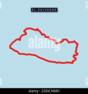 El Salvador bold outline map. Glossy red border with soft shadow. Country name plate. Vector illustration. Stock Vector