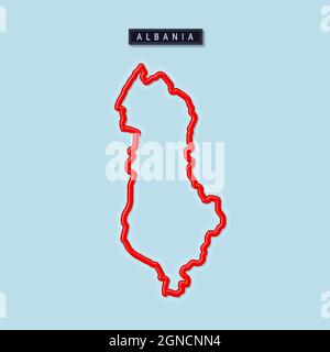 Albania bold outline map. Glossy red border with soft shadow. Country name plate. Vector illustration. Stock Vector