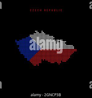 Square dots pattern map of Czech Republic. Dotted pixel map with national flag colors isolated on black background. Vector illustration. Stock Vector