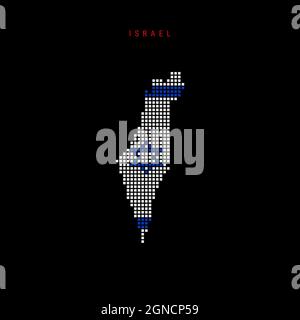 Square dots pattern map of Israel. Dotted pixel map with national flag colors isolated on black background. Vector illustration. Stock Vector
