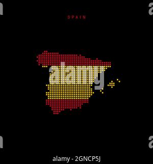 Square dots pattern map of Spain. Dotted pixel map with national flag colors isolated on black background. Vector illustration. Stock Vector