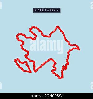Azerbaijan bold outline map. Glossy red border with soft shadow. Country name plate. Vector illustration. Stock Vector
