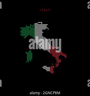 Square dots pattern map of Italy. Dotted pixel map with national flag colors isolated on black background. Vector illustration. Stock Vector