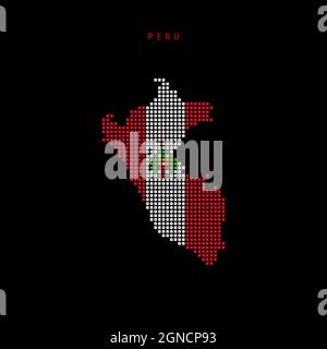 Square dots pattern map of Peru. Dotted pixel map with national flag colors isolated on black background. Vector illustration. Stock Vector