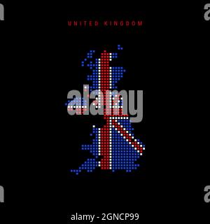 Square dots pattern map of United Kingdom. Dotted pixel map with national flag colors isolated on black background. Vector illustration. Stock Vector