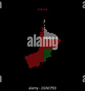 Square dots pattern map of Oman. Dotted pixel map with national flag colors isolated on black background. Vector illustration. Stock Vector