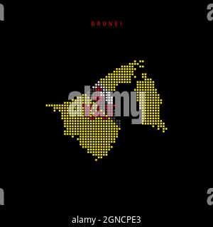 Square dots pattern map of Brunei. Dotted pixel map with national flag colors isolated on black background. Vector illustration. Stock Vector